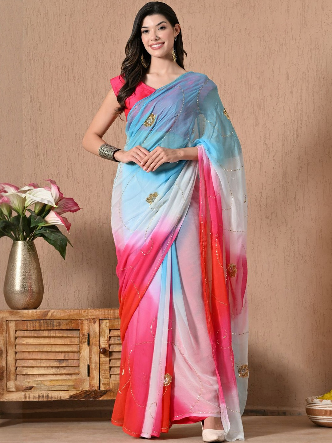 House of Chiffon Blue & Pink Tie and Dye Dyed Kasab Jaal Sequinned Saree