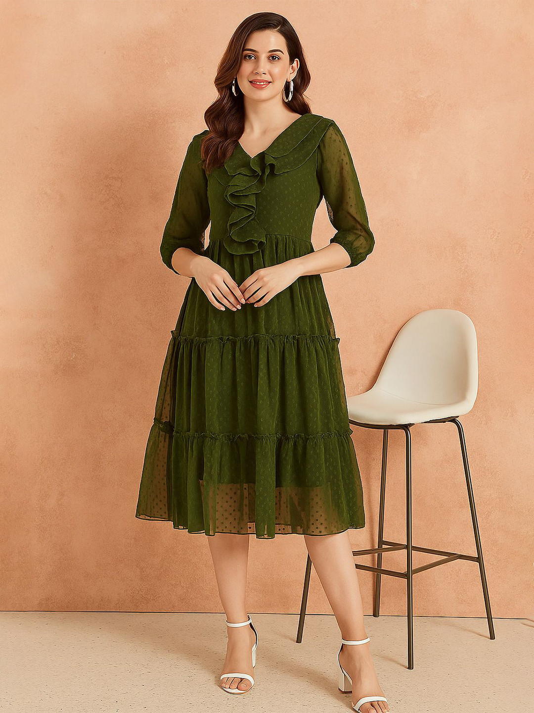 all about you Women V-Neck Georgette Fit & Flare Dress With Ruffles Detail