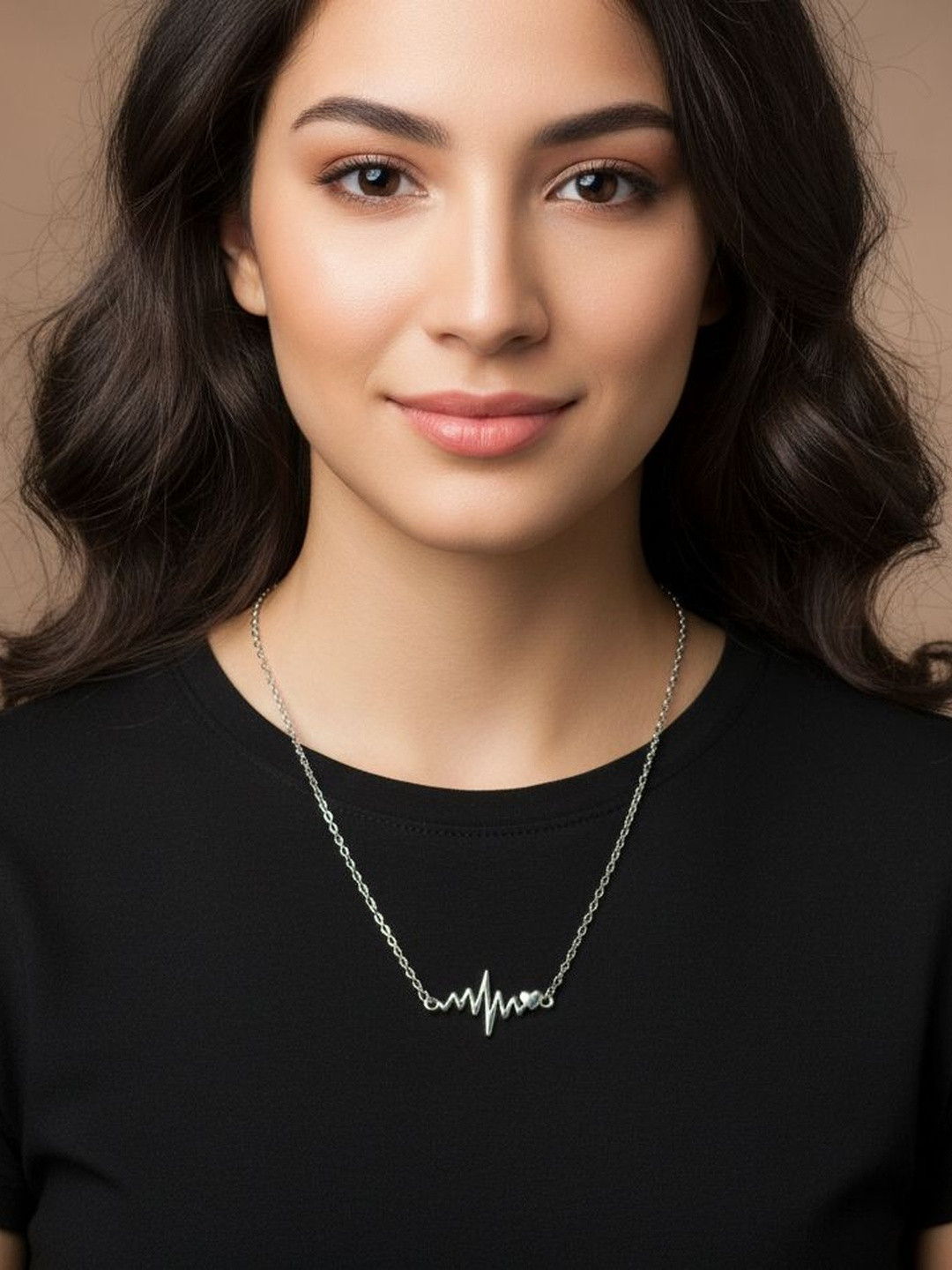 HIGH TRENDZ Silver-Plated Heartbeat Design Minimal Necklace