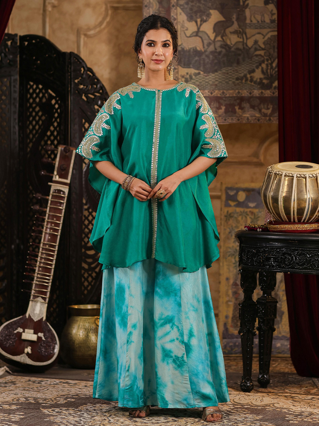 SCAKHI Embroidered Round Neck Dori-Gota Work Kaftan Top With Palazzo