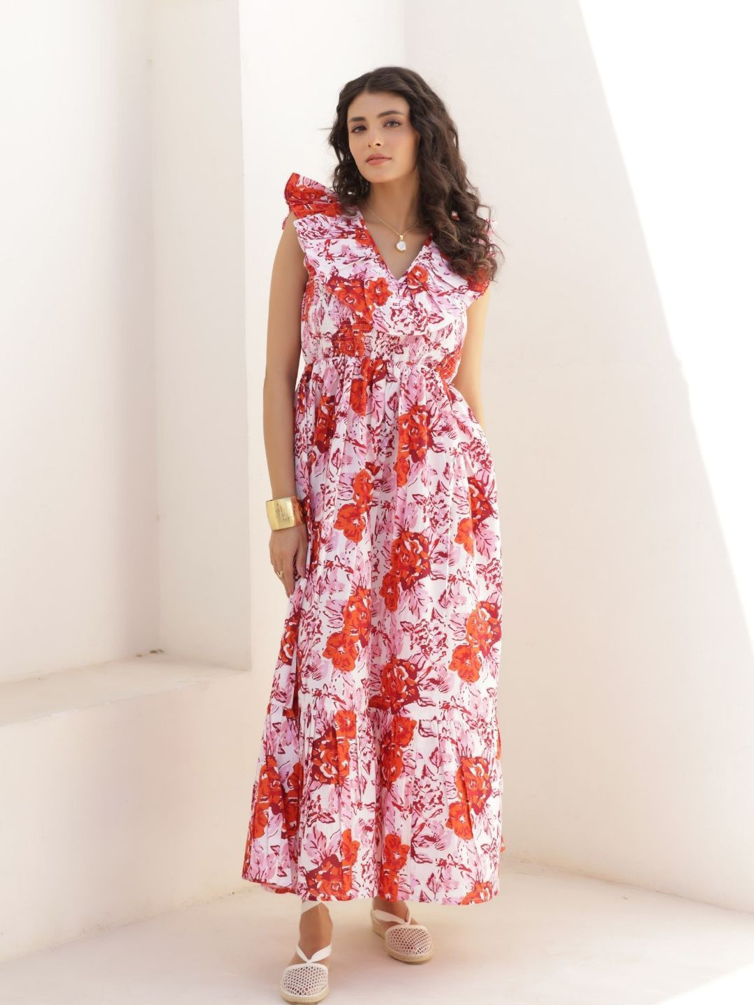 Tasya India Floral Printed Smocked Flutter Sleeve Maxi Dress