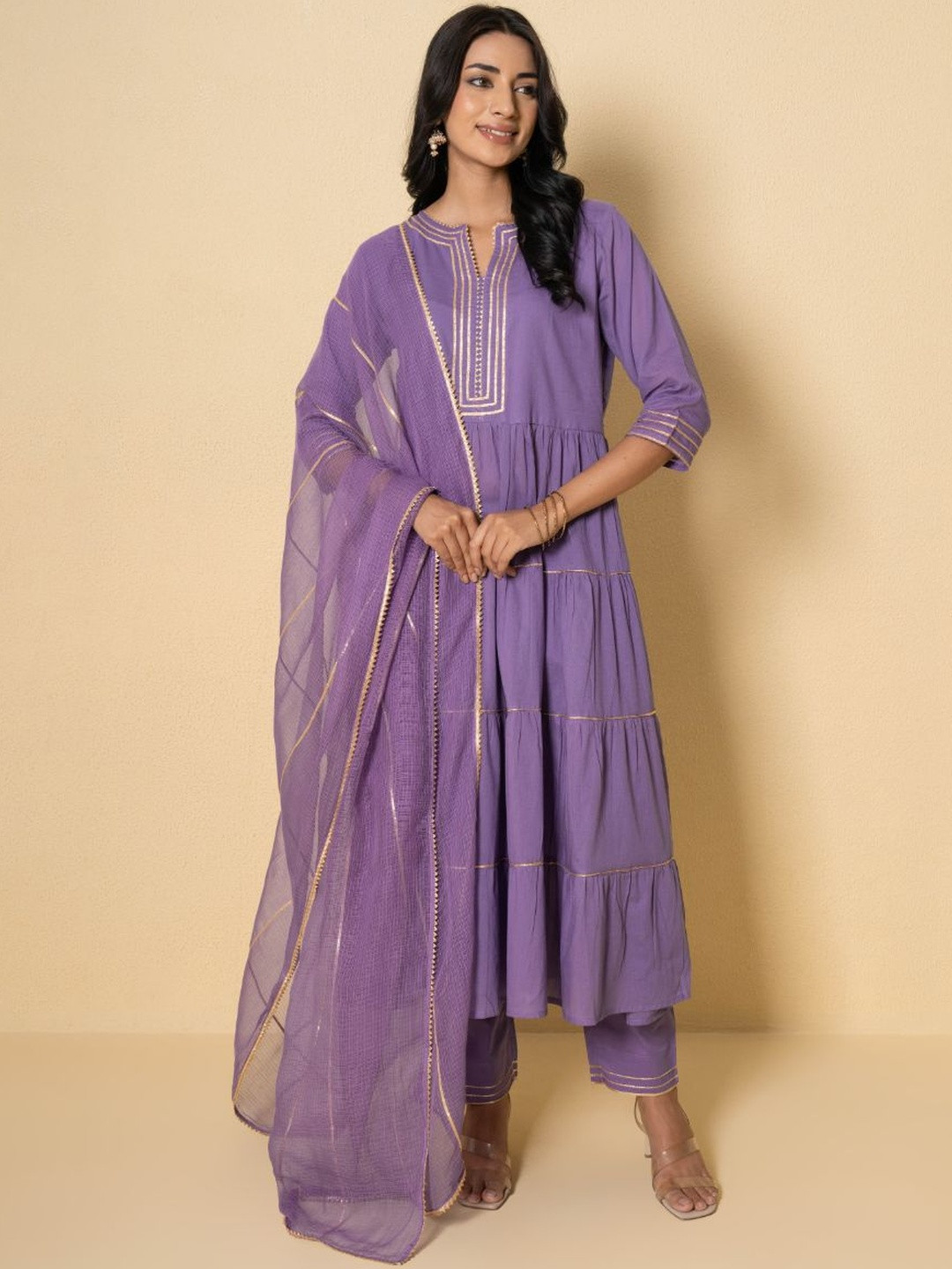 Pink Earth Women Solid Cotton Anarkali Kurta with Trousers & Dupatta