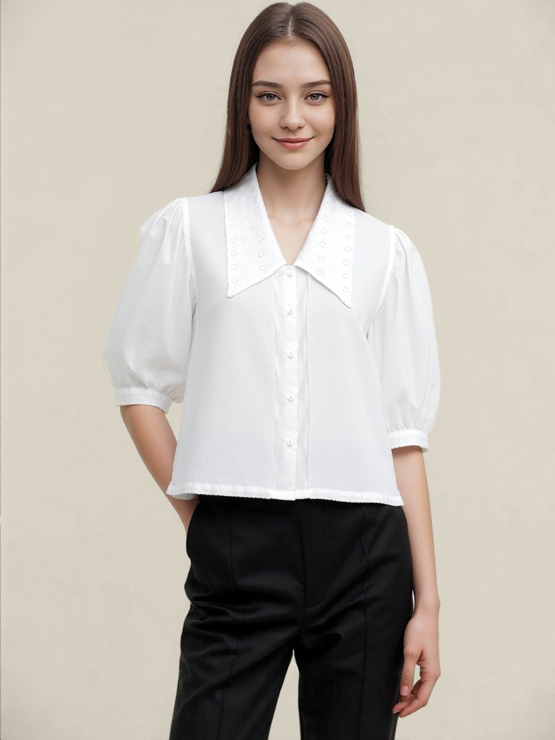 DressBerry Women Puff Sleeves Embroidered Broad Collar Shirt