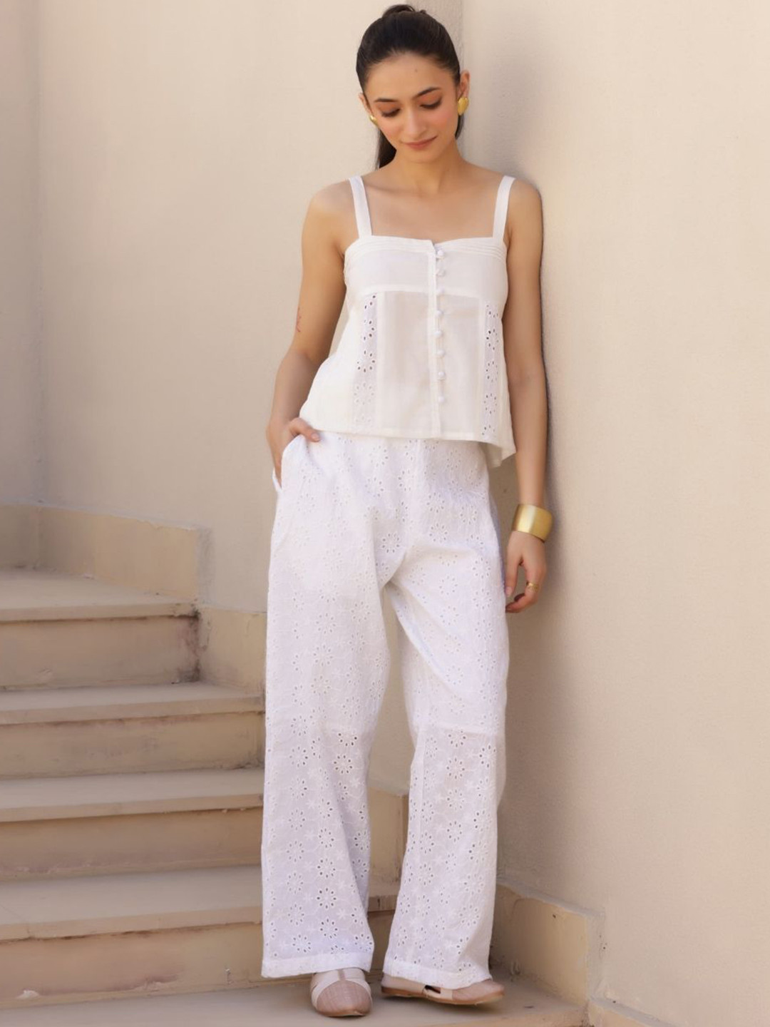 Tasya India Floral Self Design Pure Cotton Schiffli Top With Trousers