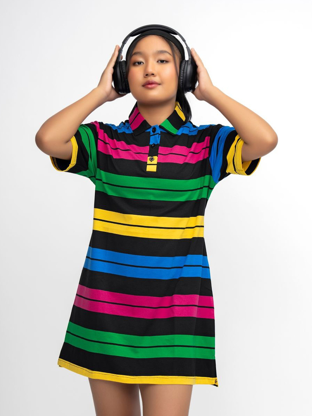 SEISHUN Girls Striped Polo Collar T-shirt Dress