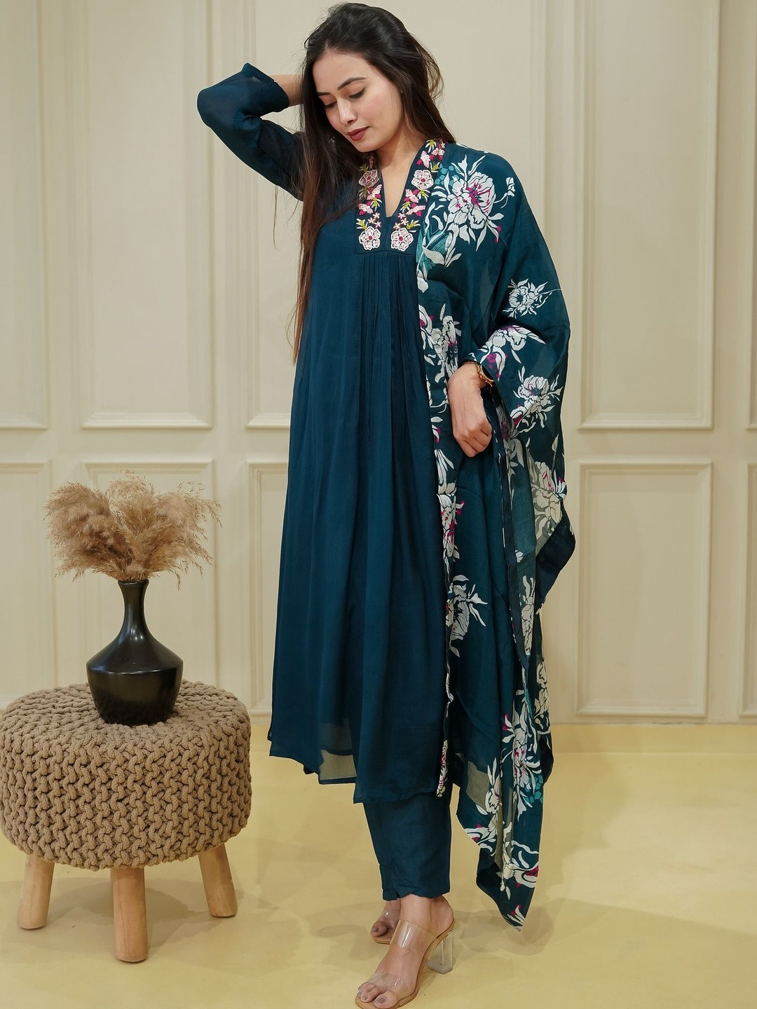 KINDHA Women Embroidered Pleated Thread Work Kurta with Trousers & Dupatta