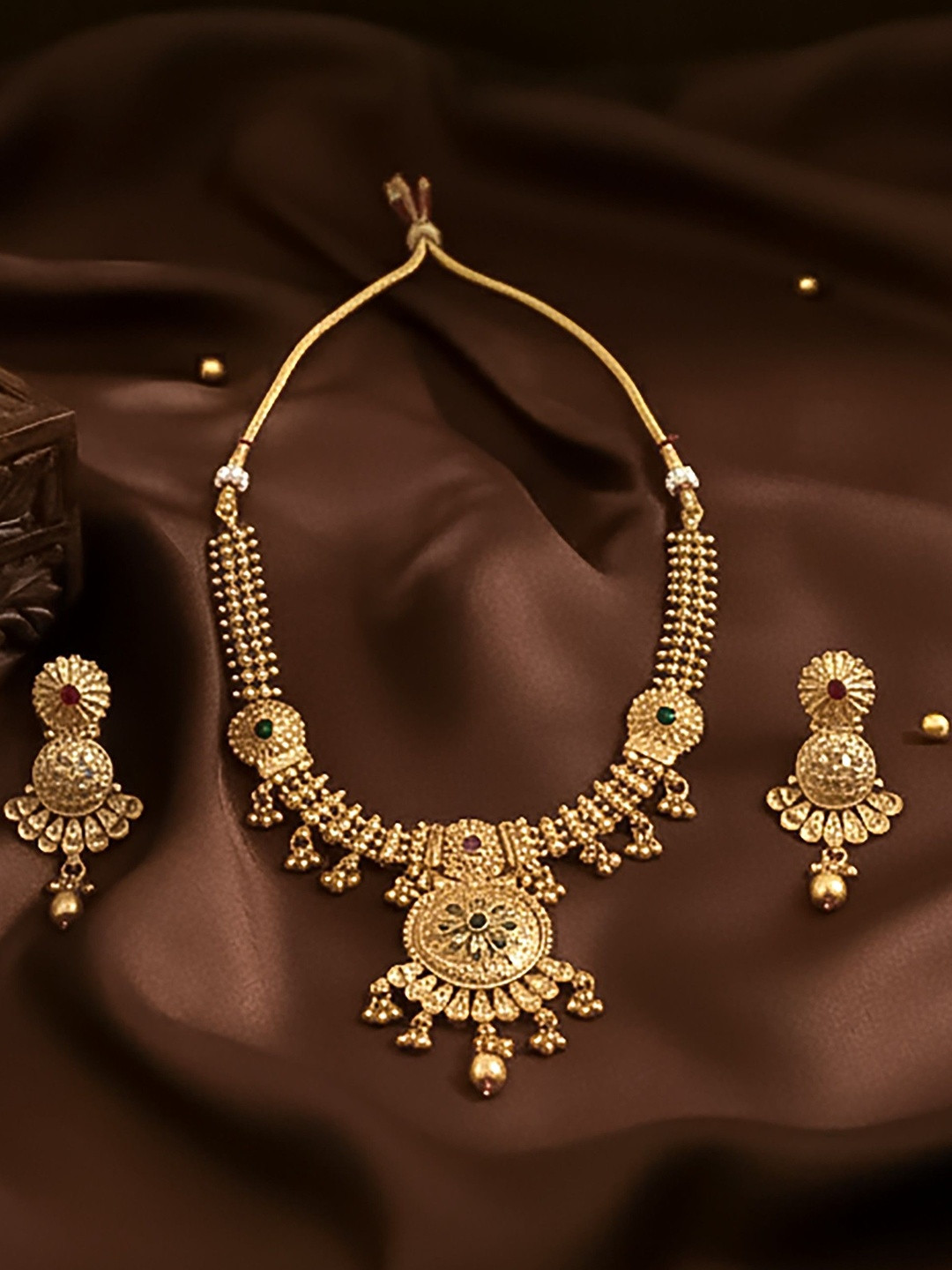 SOLLIGHT Gold-Plated Ruby Studded & Beaded Necklace With Earrings