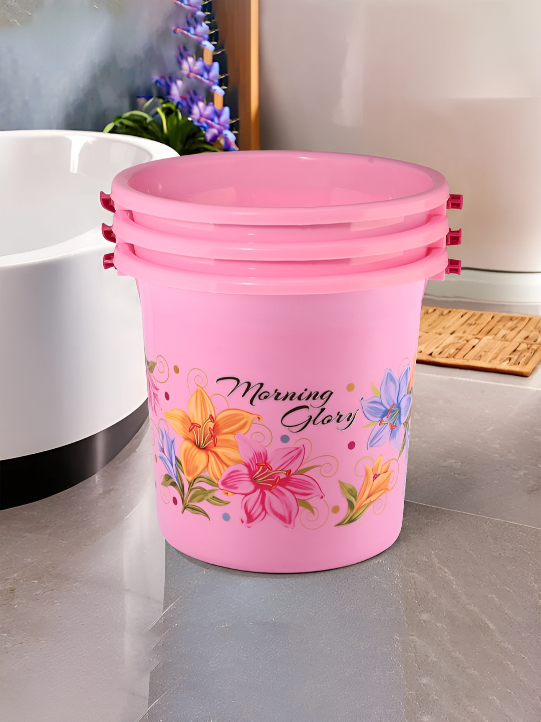 Aura Blue & Green 3 Pieces Floral Printed Water Buckets