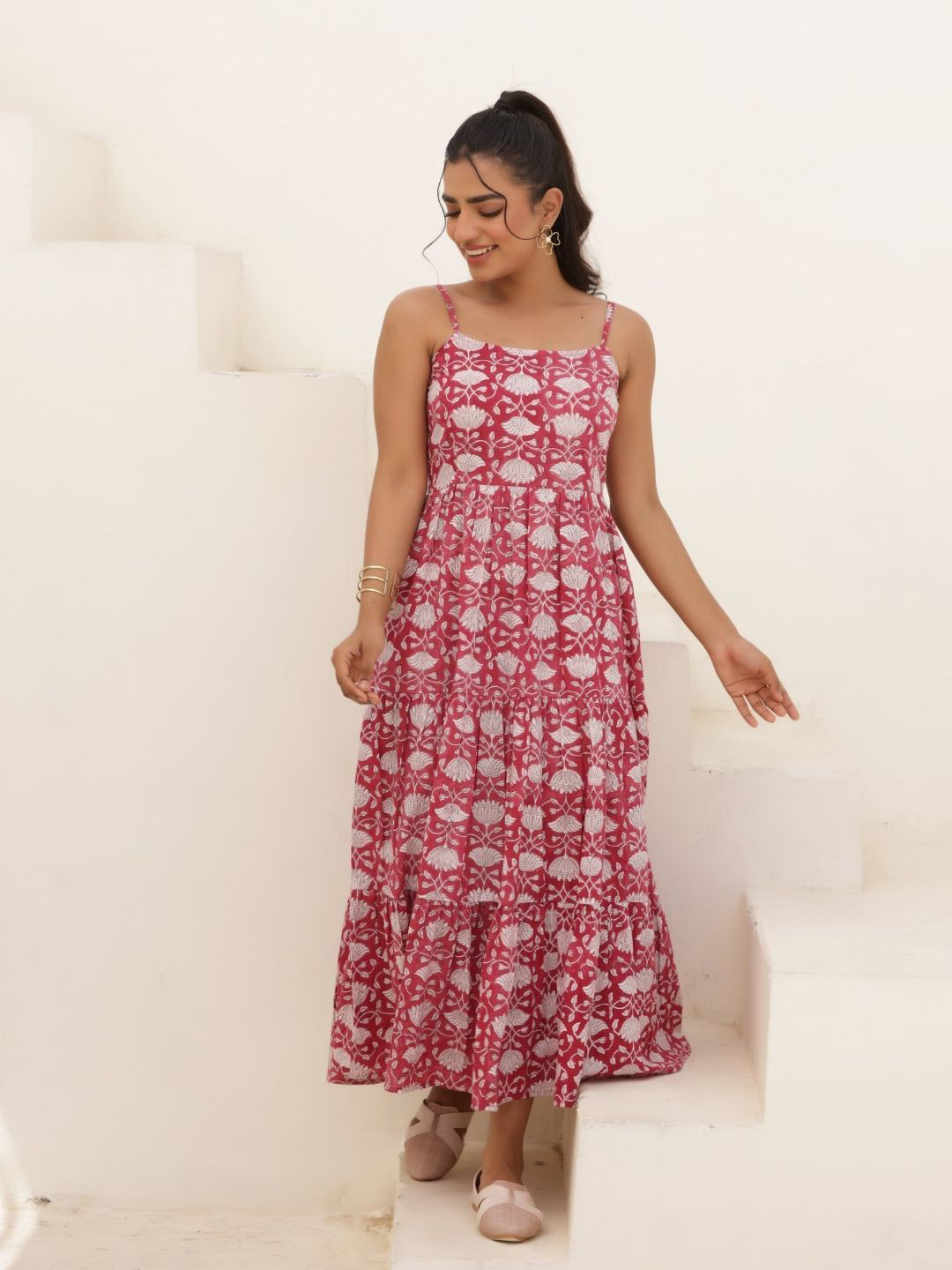 Tasya India Floral Print Fit & Flare Gathered or Pleated Midi Dress