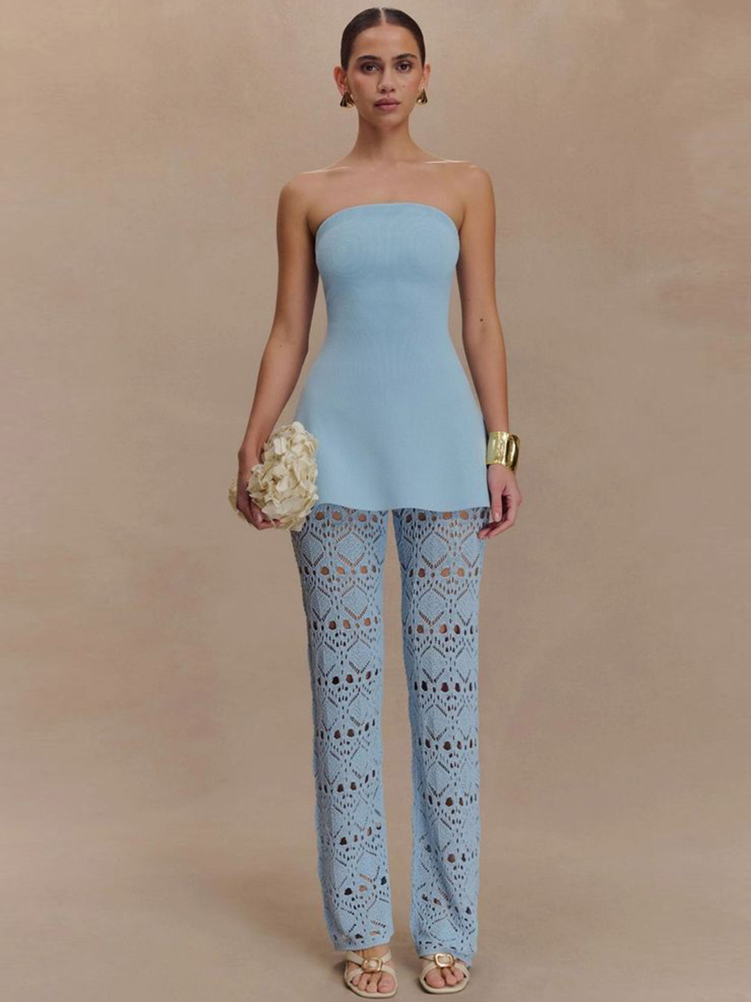 LULU & SKY Solid Off-Shoulder Top and Self design Bottom Co-Ords Set