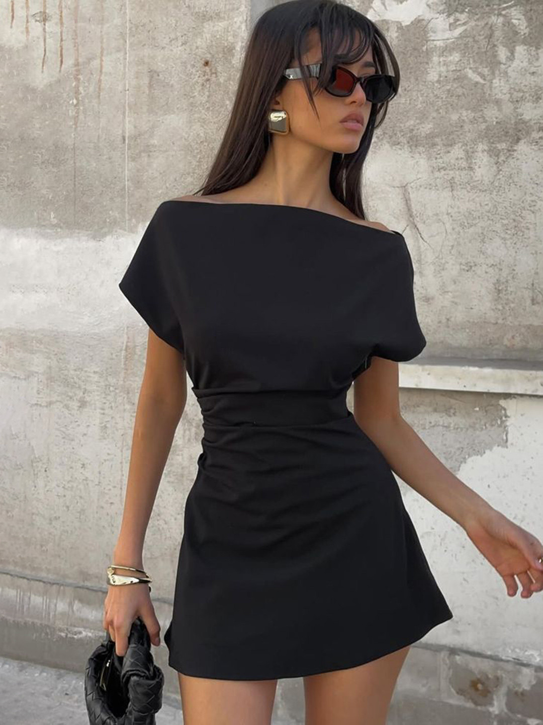 LULU & SKY Off Shoulder A Line Gathered or Pleated Mini Dress