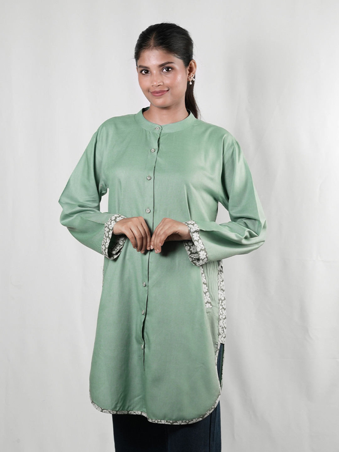 PALL&WE Floral Printed Mandarin Collar Cotton Regular Fit Shirt