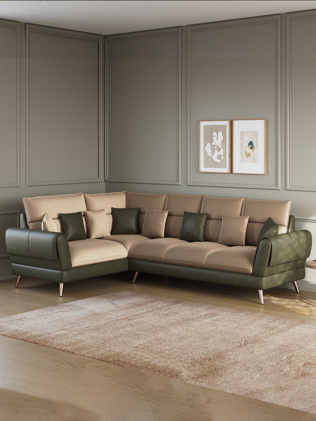 ARRA Green & Beige Left Facing Corner 6 Seater Designer Leatherette Sofa