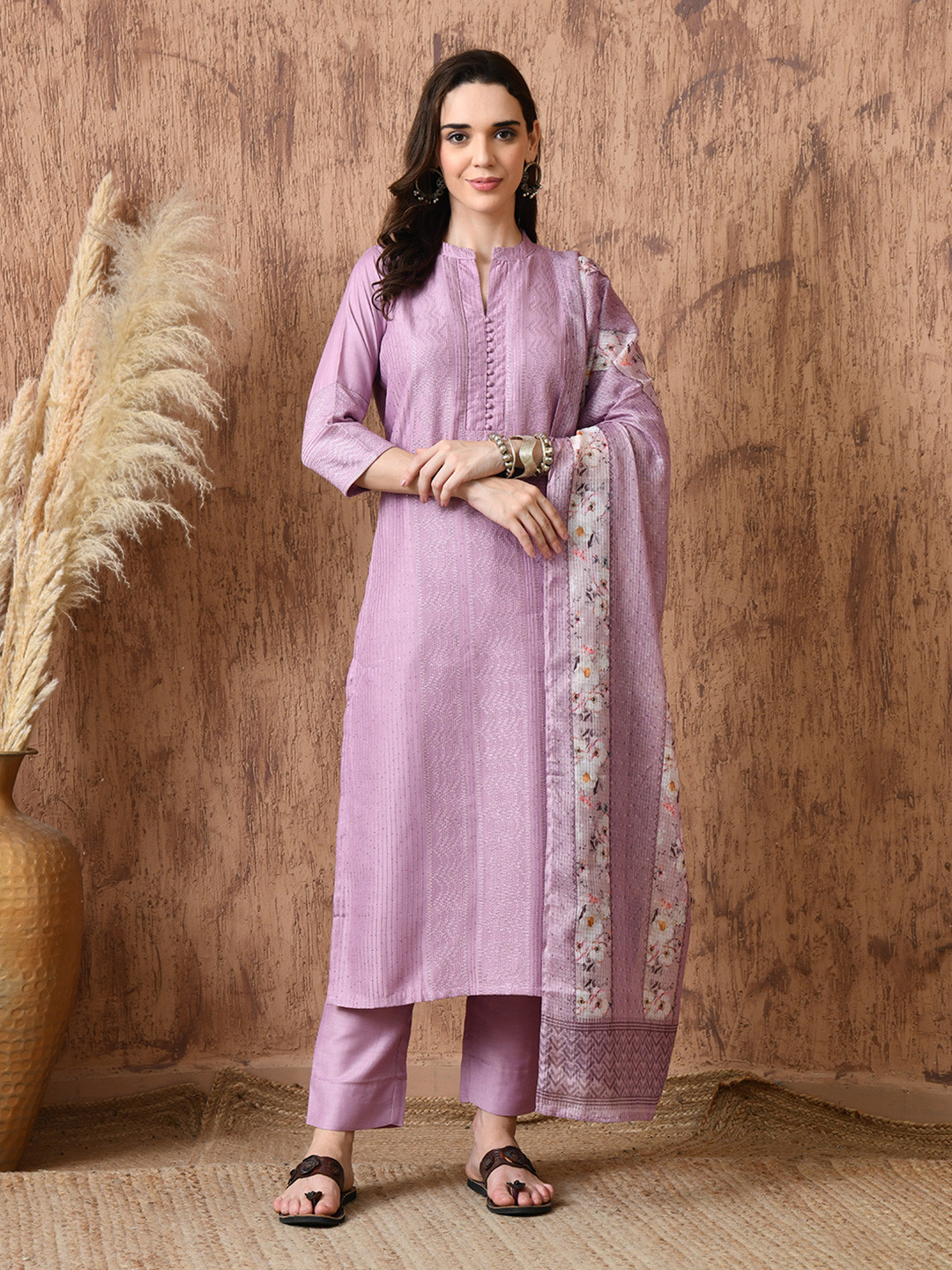 Nioni Striped Thread Work Chanderi Silk Kurta With Trouser With Dupatta