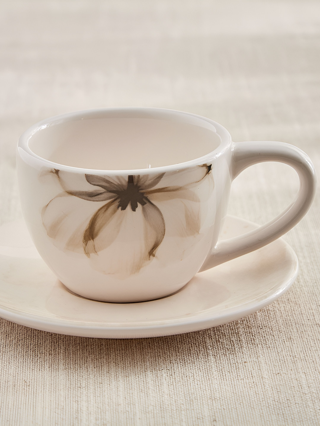 Home Centre Beige & Black Printed Cup And Saucer - 230ml