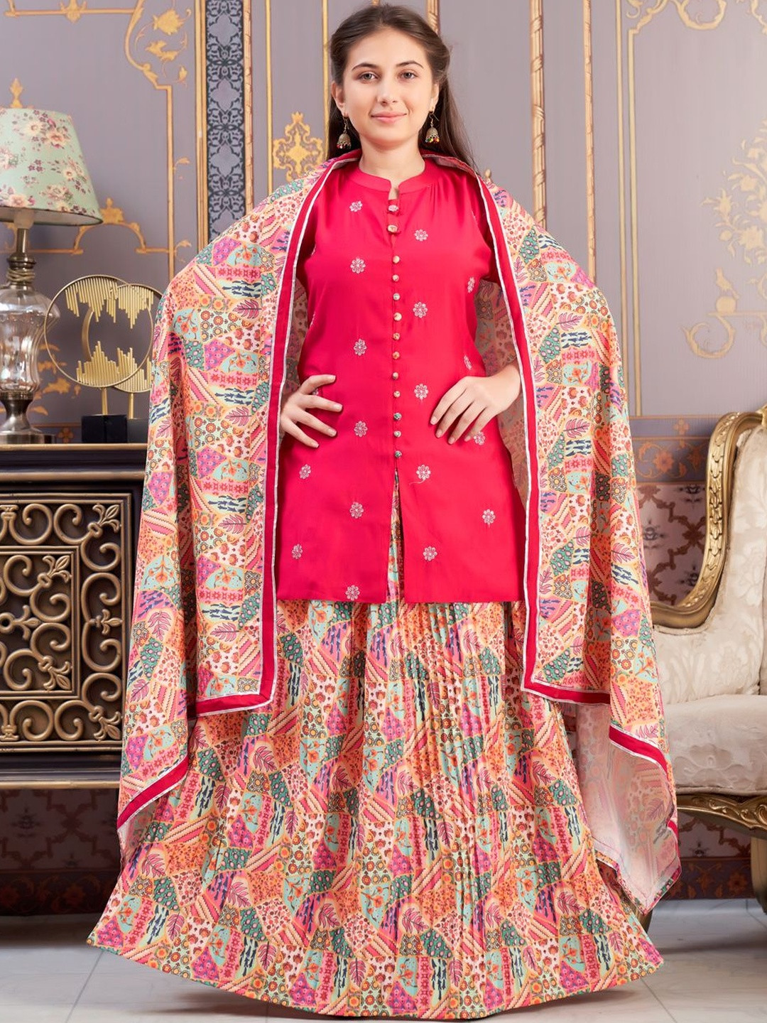 BAESD Girls Woven Design Embroidered Sequinned Pure Silk Kurti with Skirt