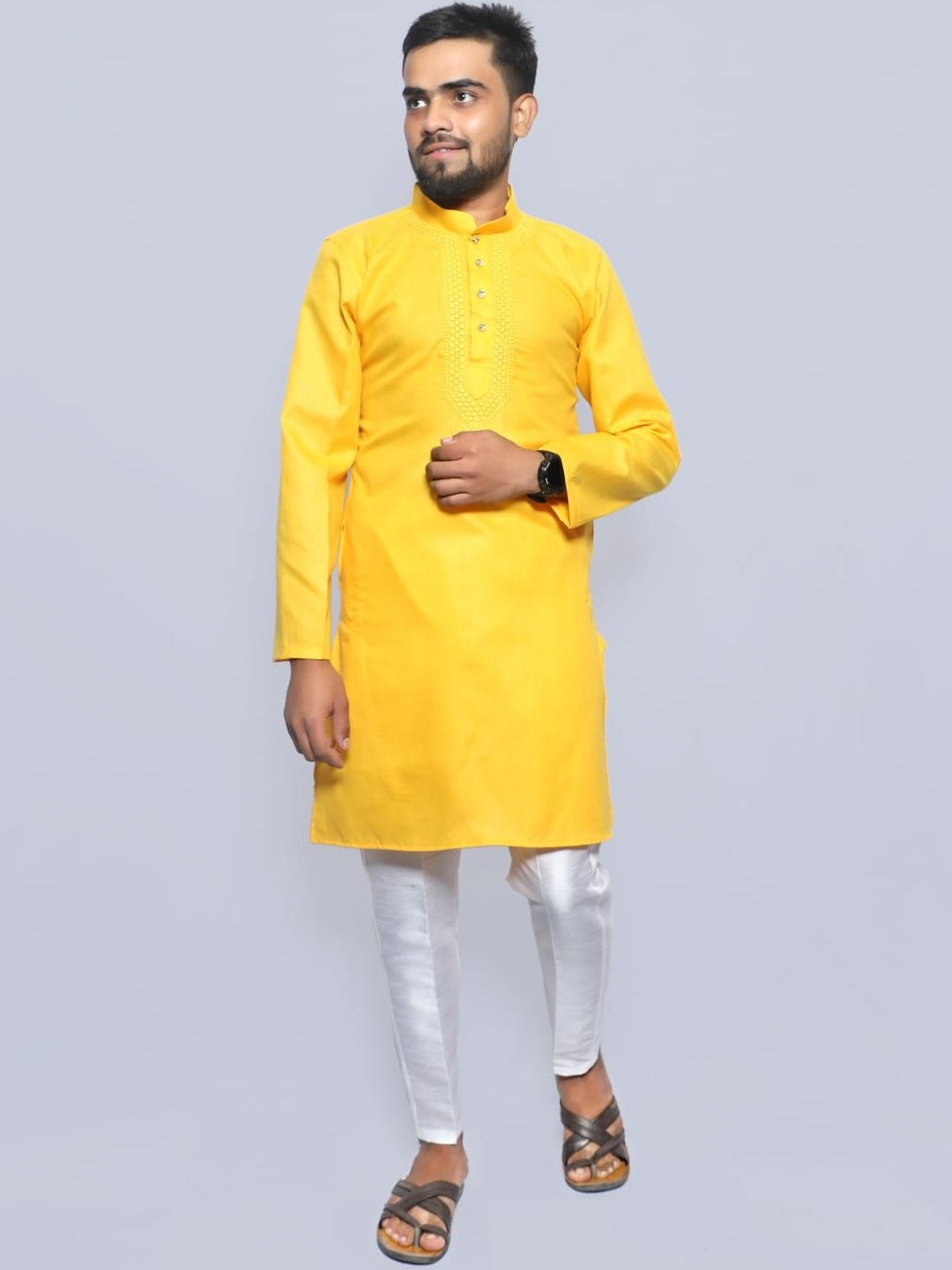FASHYY Men Yellow Solid Straight Ethnic Kurta Set