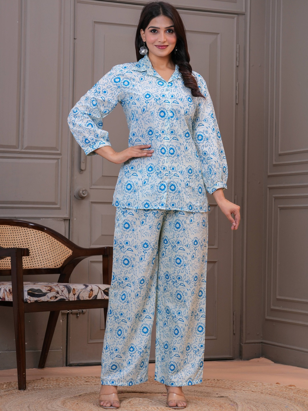 Bunkari Women Ethnic Motifs Printed Lapel Collar Long Sleeves Shirt & Pyjamas Night suit