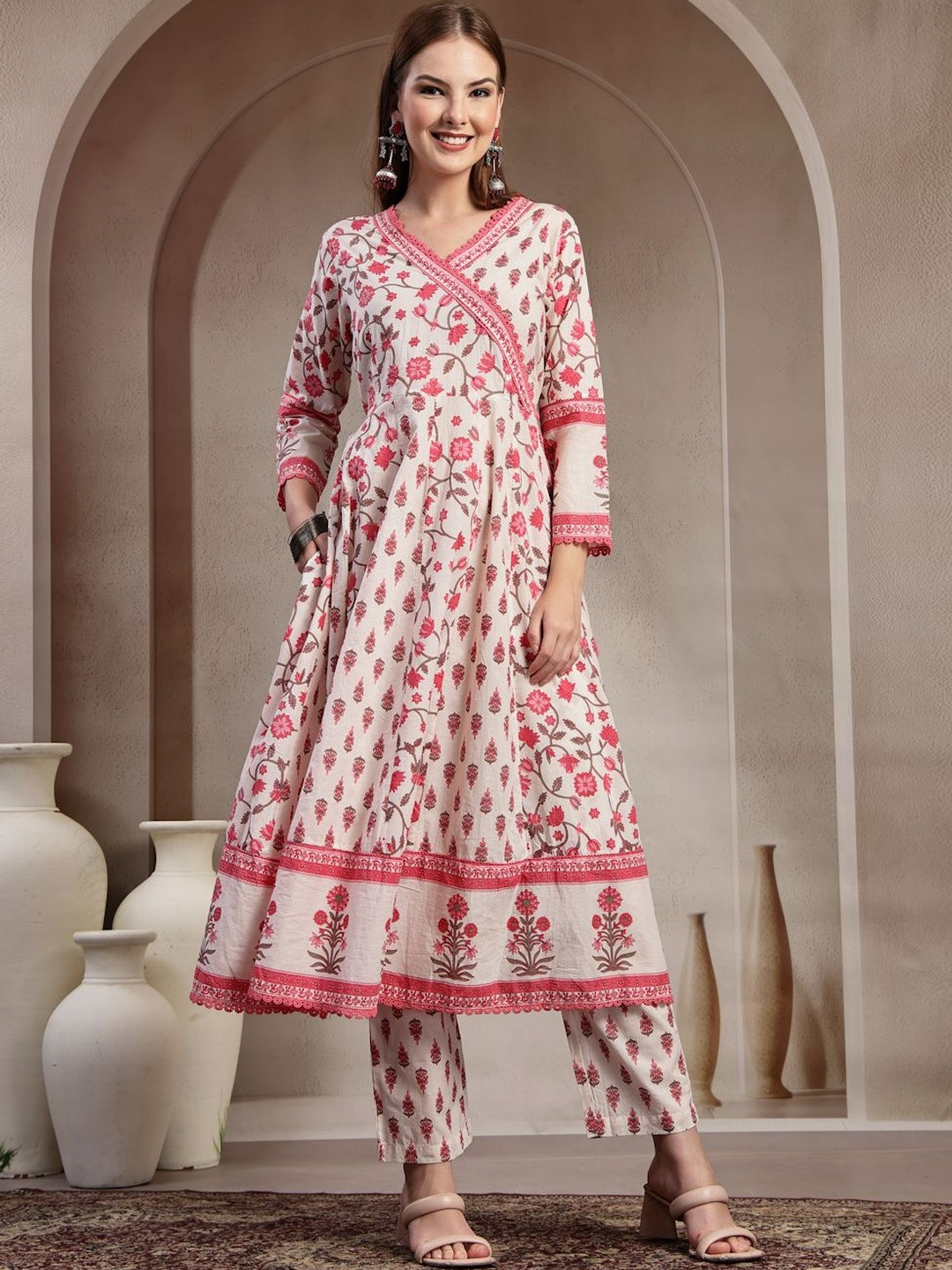 Shangri LA MS Designs Floral Printed Angrakha Pure Cotton Kurta With Trousers & Trousers