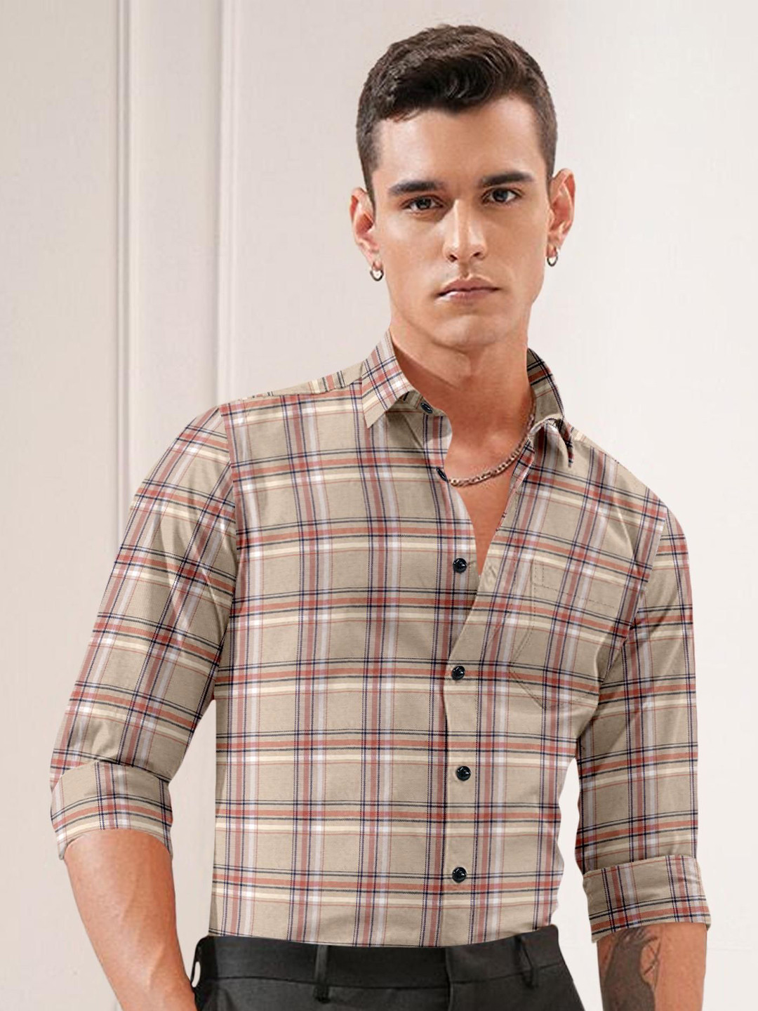 JICOTT Checked Spread Collar Casual Shirt