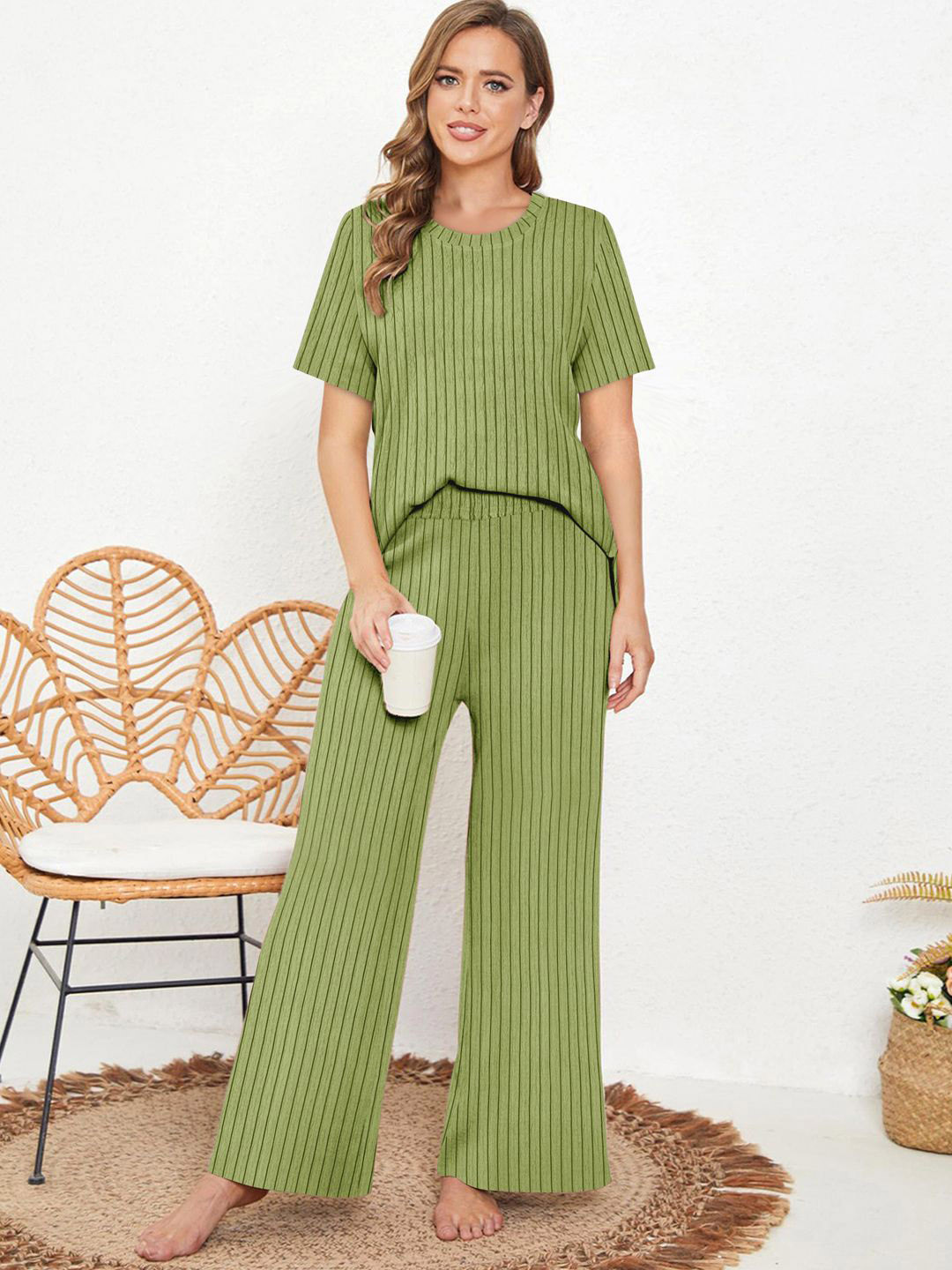 BAESD Women Ribbed Round Neck Night Suit