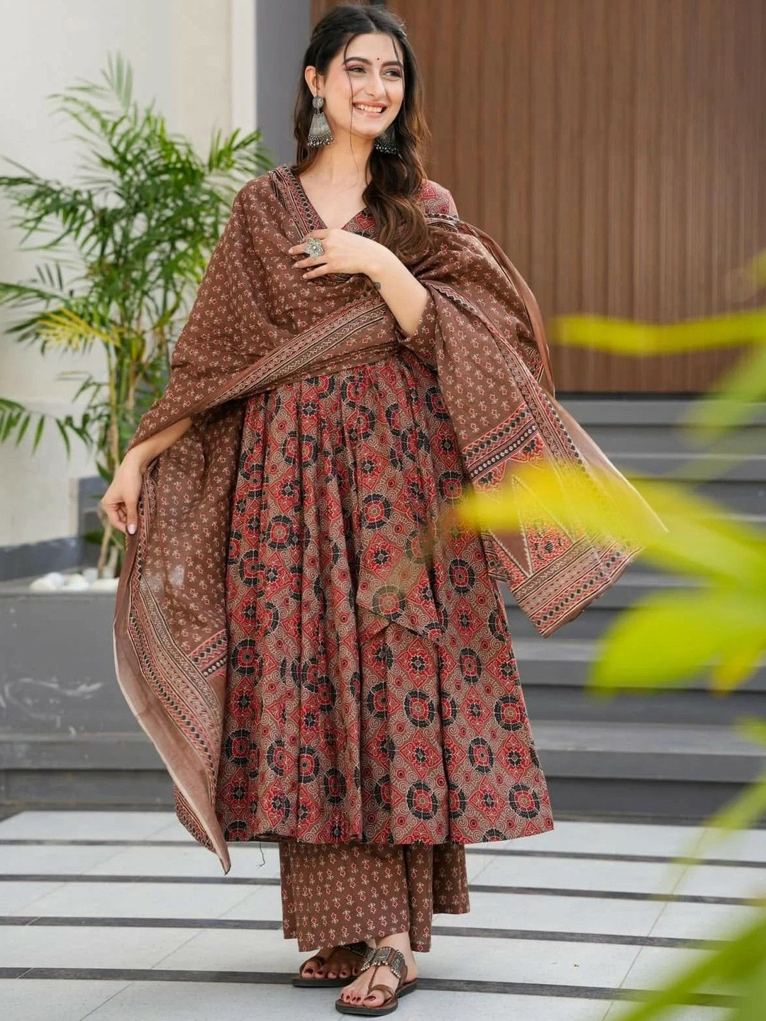 YOYO Fashion Ethnic Motifs Printed Anarkali Kurta With Palazzos & Dupatta