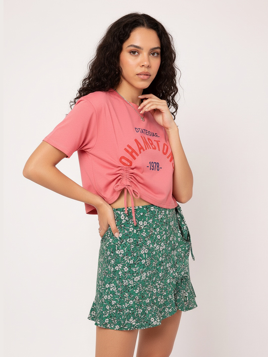 DressBerry Basic Bee Printed Ruched Drop-Sleeves Top