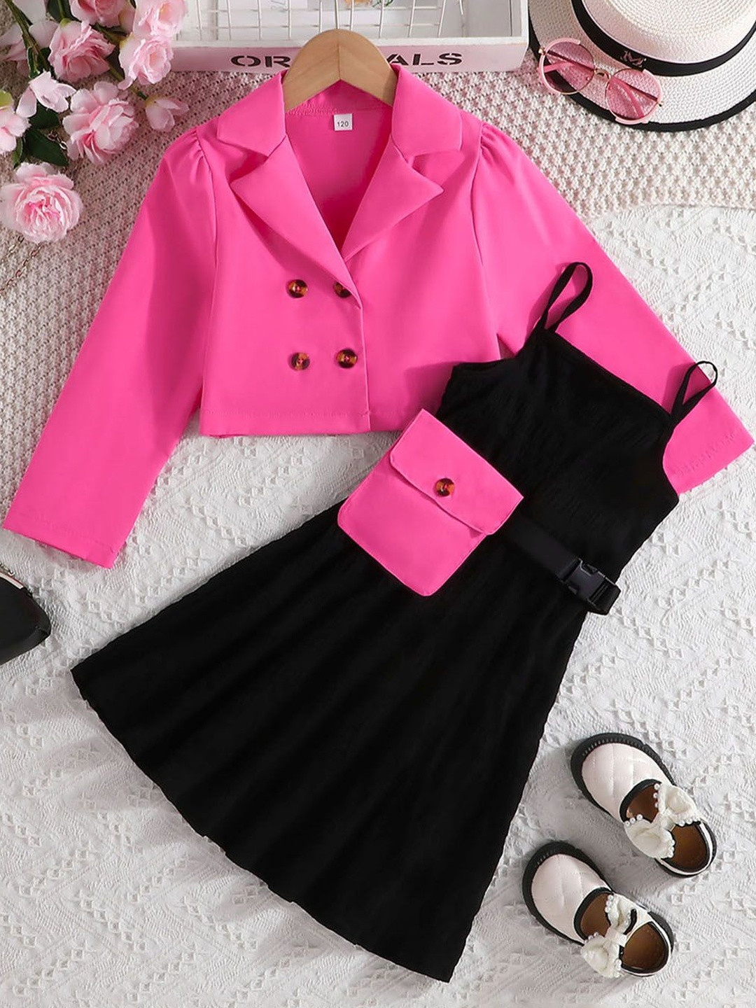 YK Girls Black Strappy Dress & Fuchsia Jacket with Waist Pouch