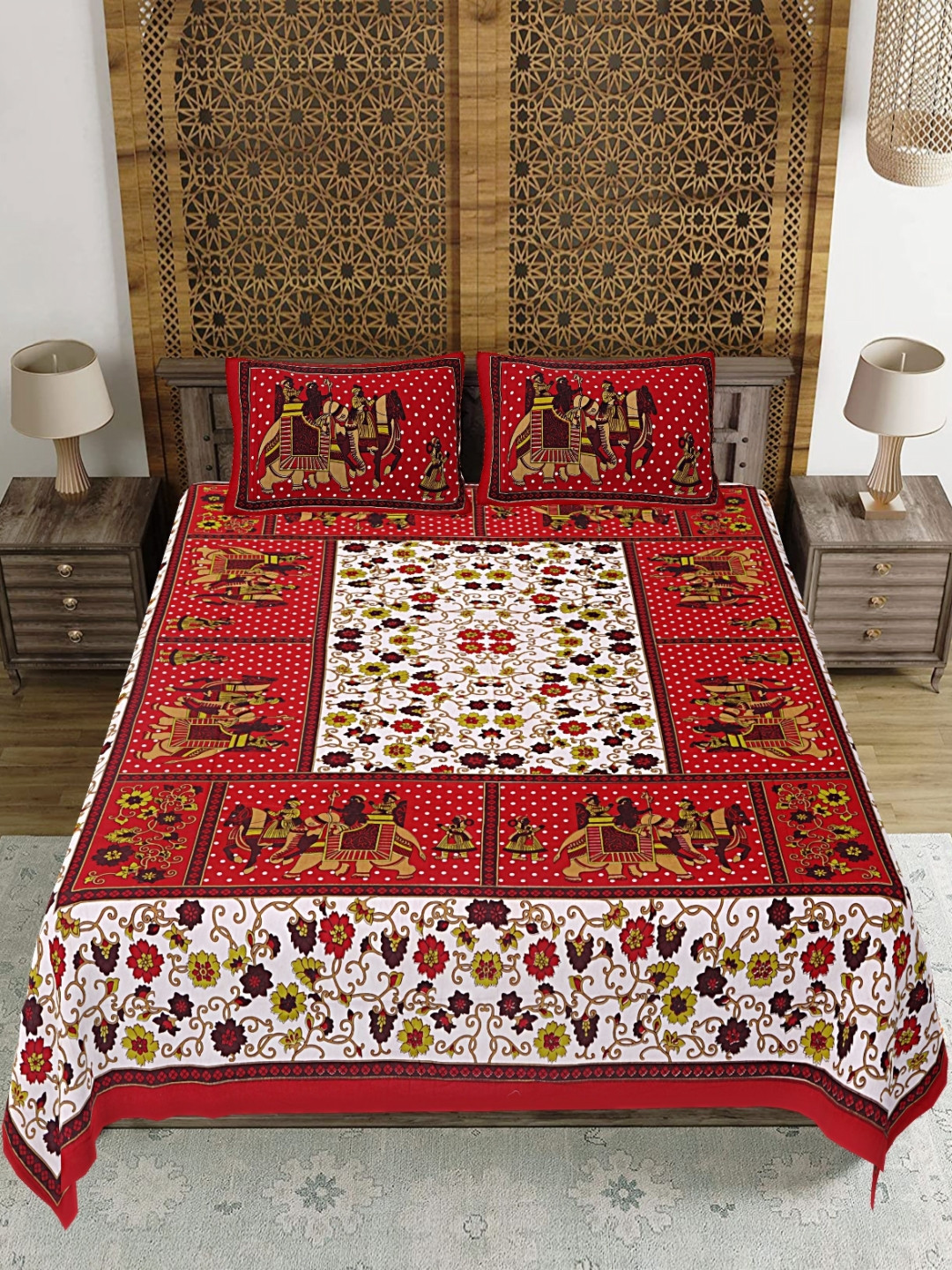Cotton Choice White & Red Ethnic Motifs Cotton 180 TC King Bedsheet With 2 Pillow Covers