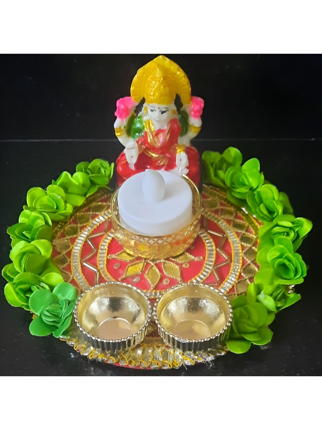 Sellplus Yellow & Green Patra Plate With Lakmi Ji Candle Holder