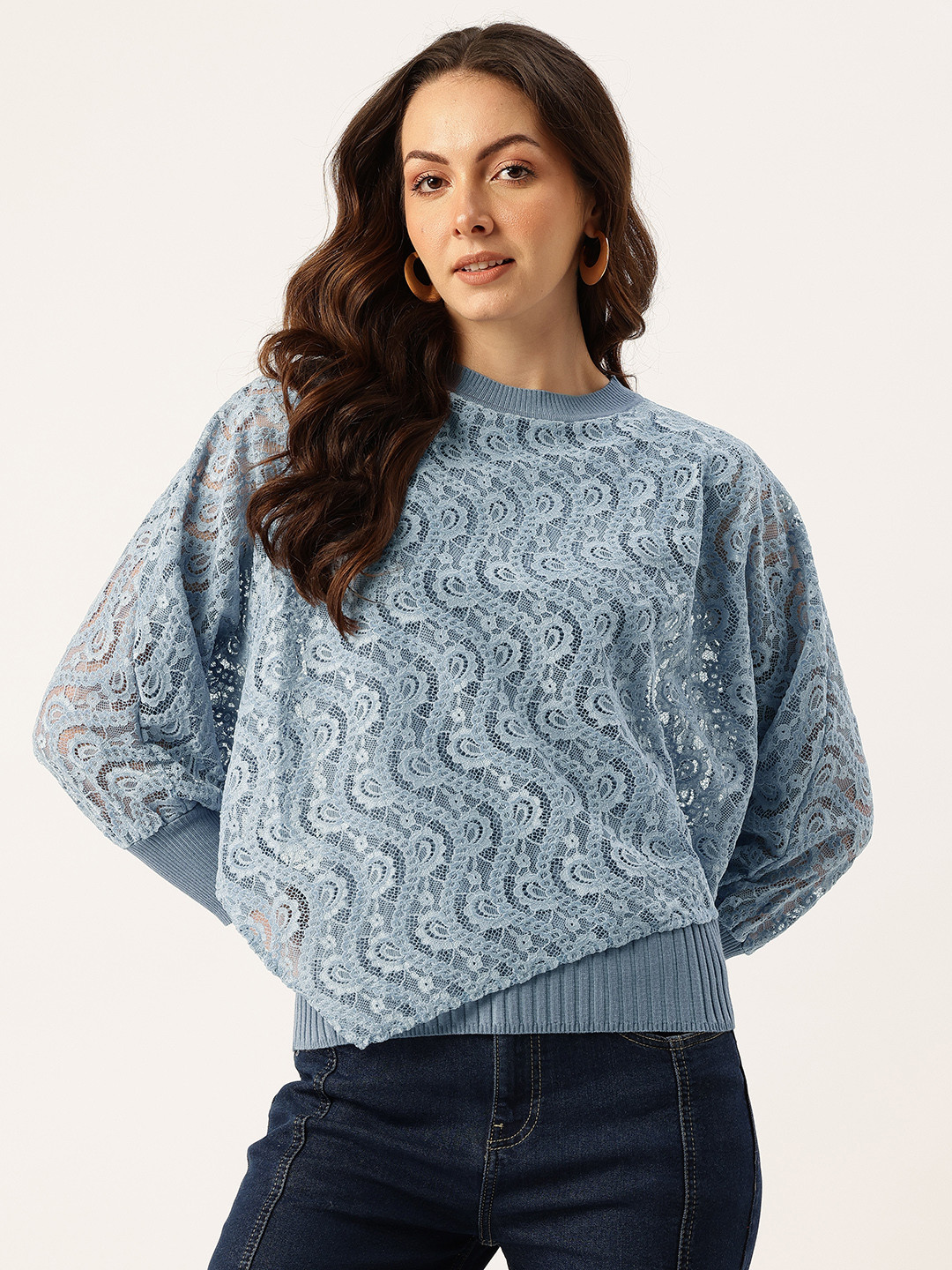 APSLEY Ethnic Motifs Self-Design Asymmetric Poncho-Style Lace Pullover with Inner Lining