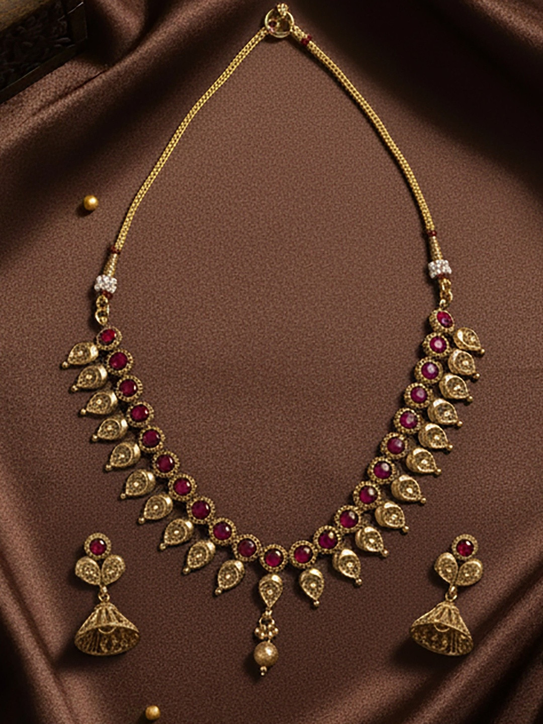 SOLLIGHT Gold-Plated Ruby Red Stones-Studded & Beaded Necklace With Earrings