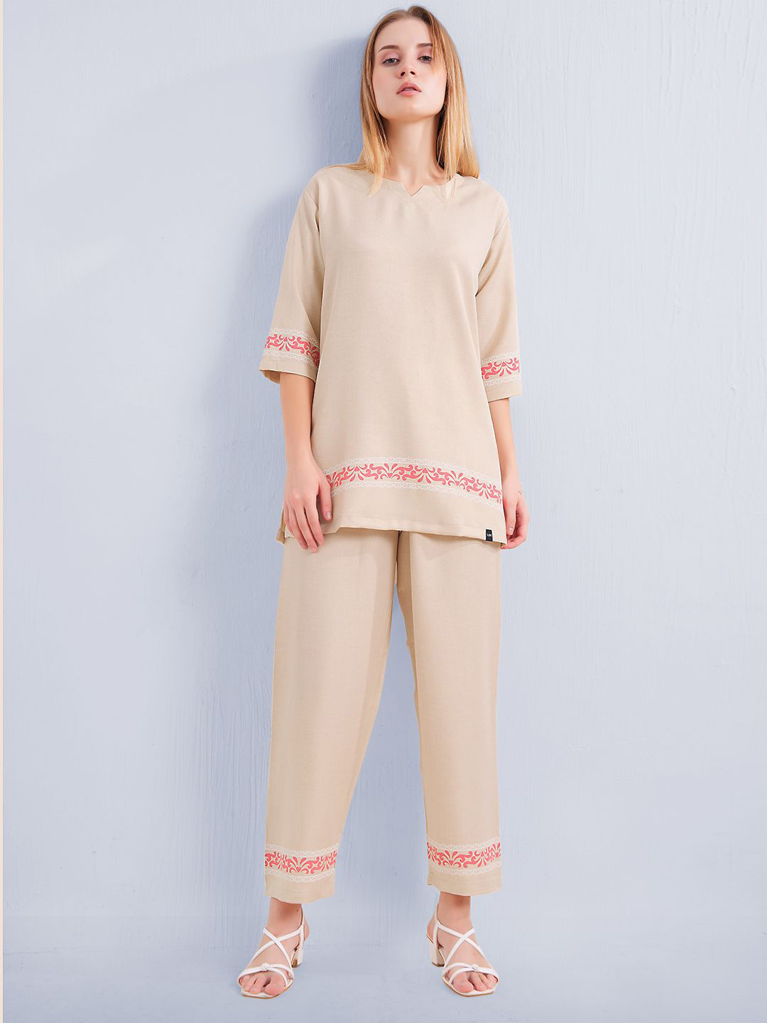 L&M Leisure and Moods Women Beige Cotton Blend V-Neck  Embroidered Borders Co-ord Set