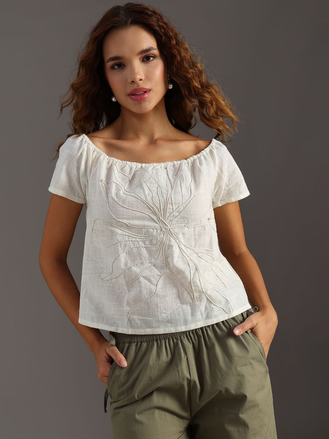 LIMEROAD Floral Off-Shoulder Cotton Top