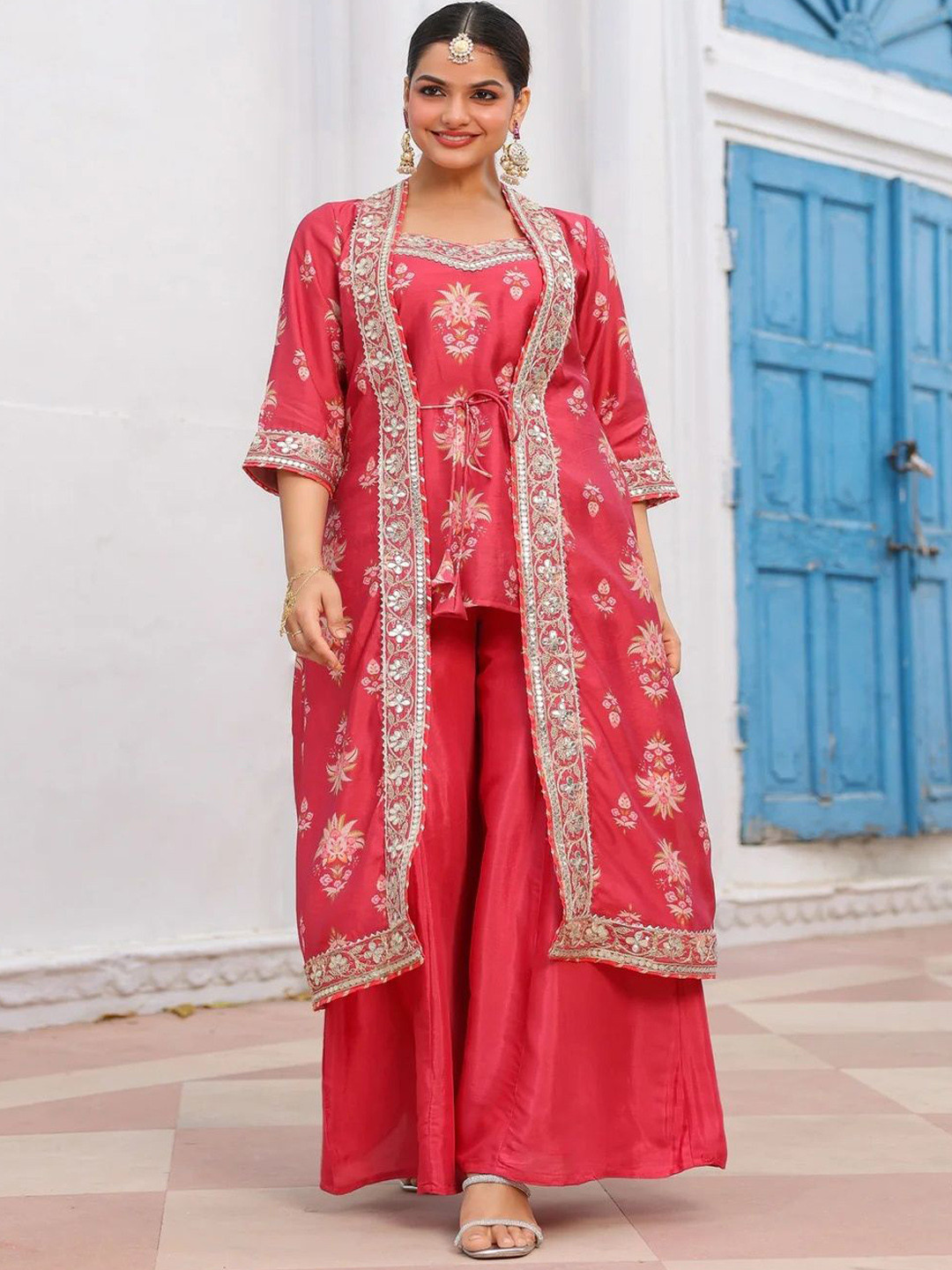Tashvi's Women Coral Chanderi Silk Embroidered Floral Printed Shrug Set