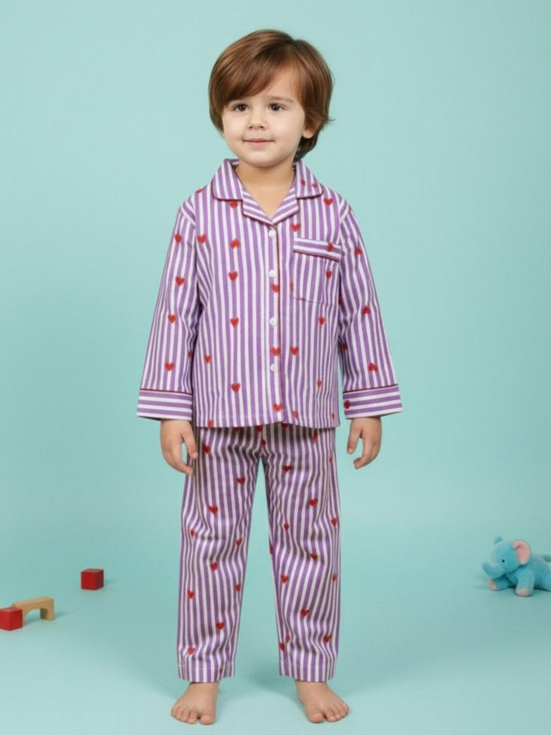 MASU LIVING Kids Purple hearts Pure Cotton Night Suit Set