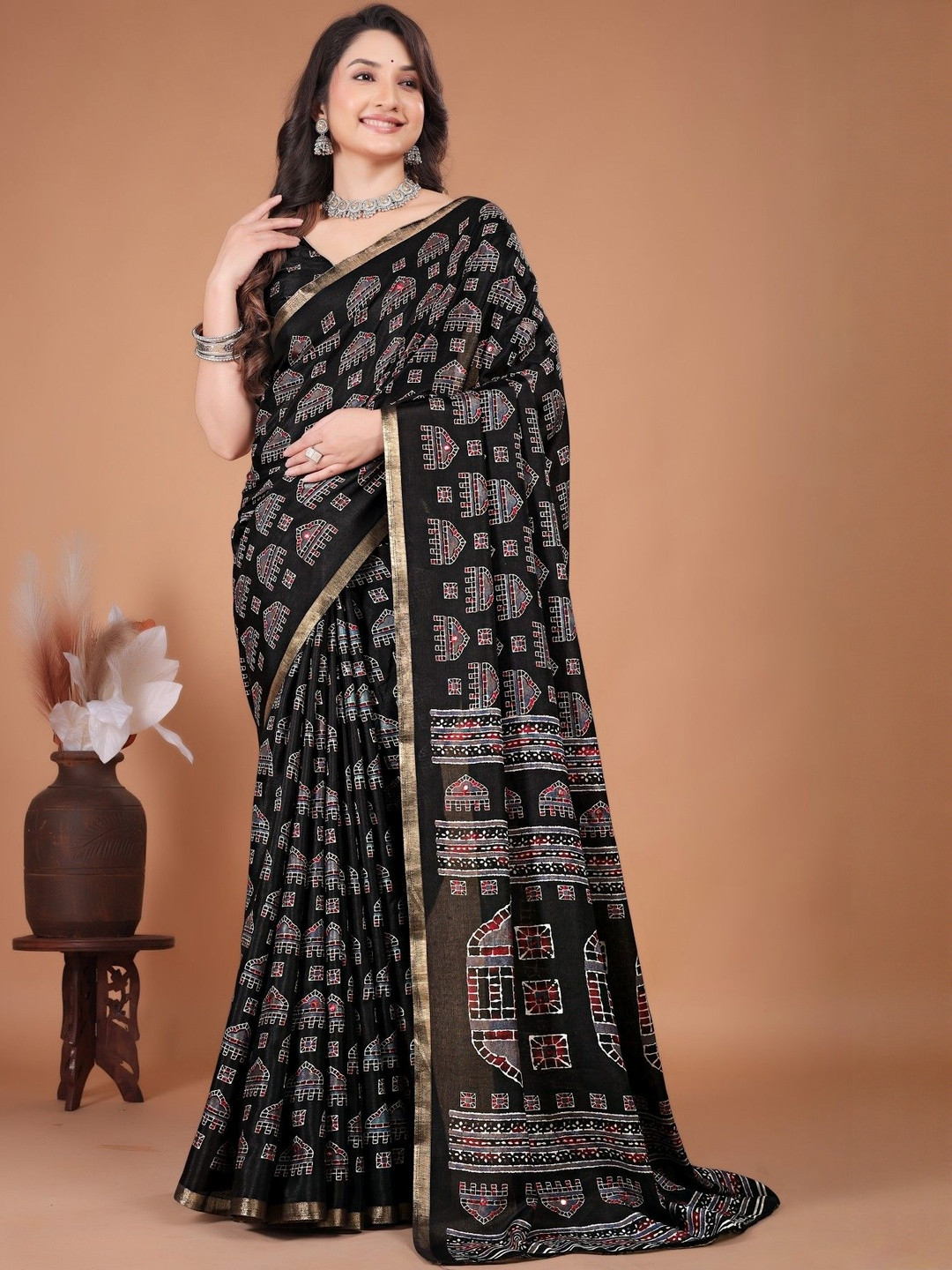 DIVASTRI Ajrak Block Zari Saree With Mirror Work And Matching Blouse Piece