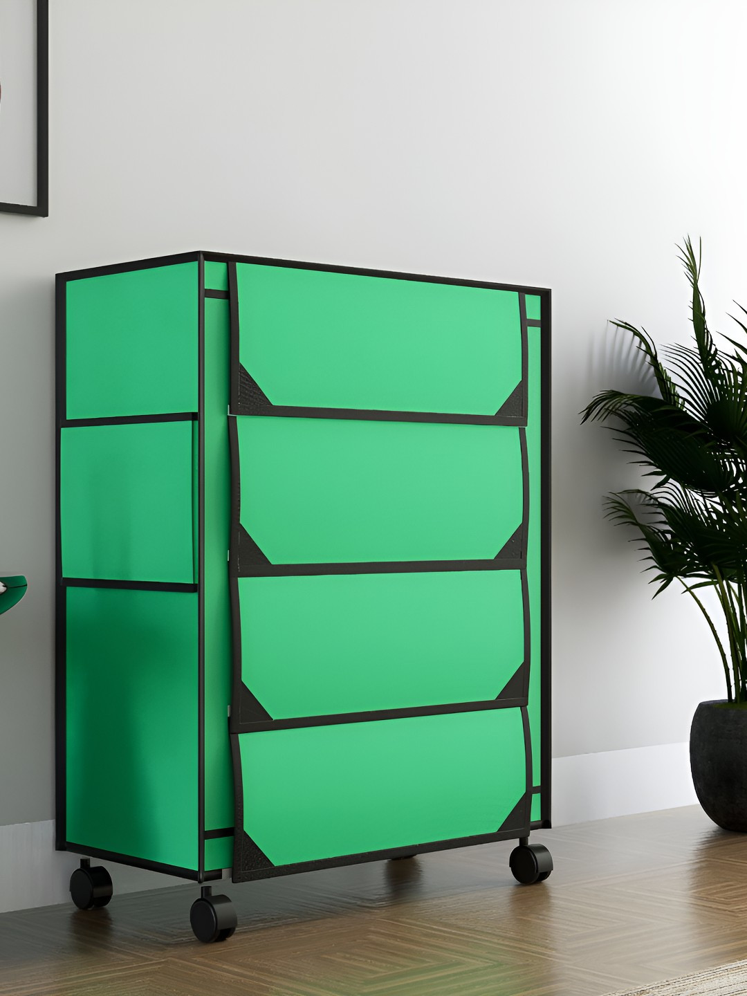 Fabura Green & Black 4-Layers Shoe Rack With Wheels