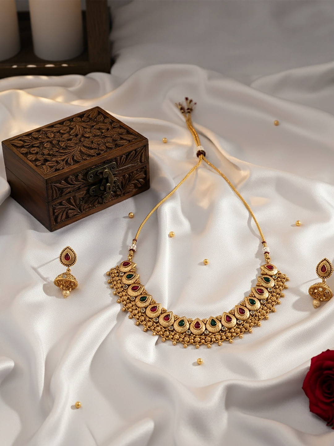 SOLLIGHT Gold-Plated Ruby Studded & Artificial Beaded Jewellery Set