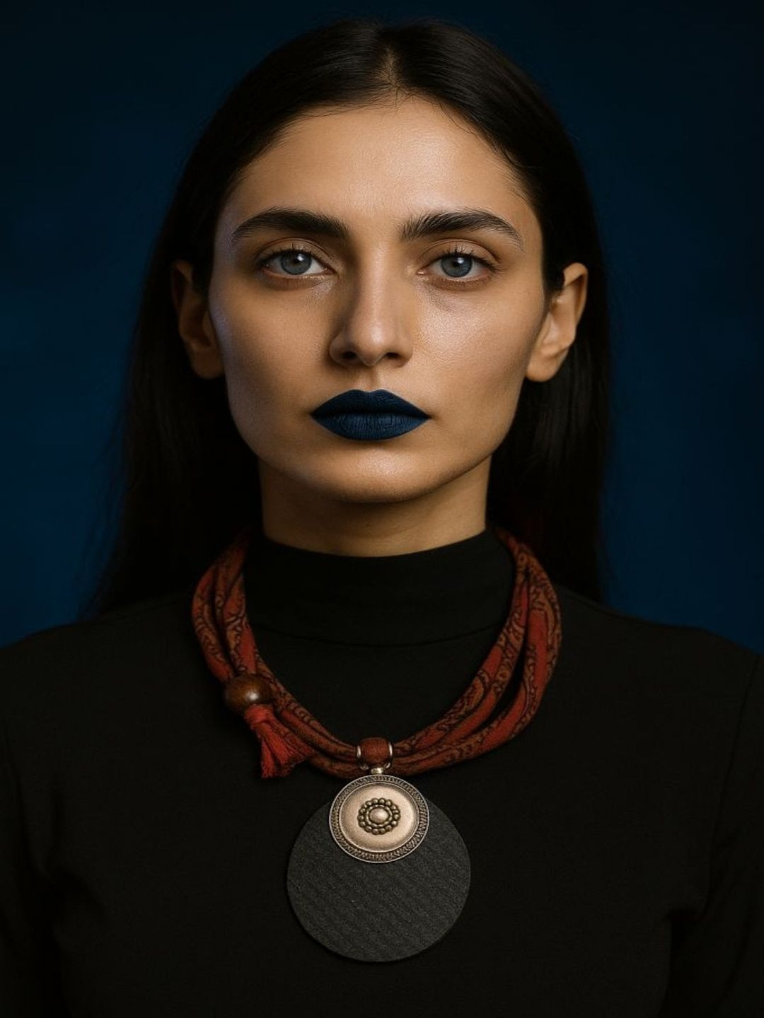 JewelSana Silver-Plated Khun Fabric Handcrafted Fabric Necklace with Metal Pendant