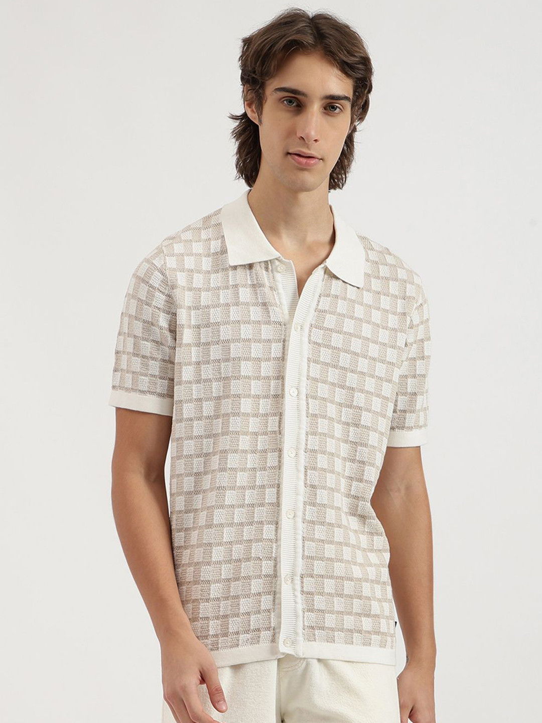 United Colors of Benetton Men Checked Printed Shirt Collar Short Sleeve Cardigan Sweater