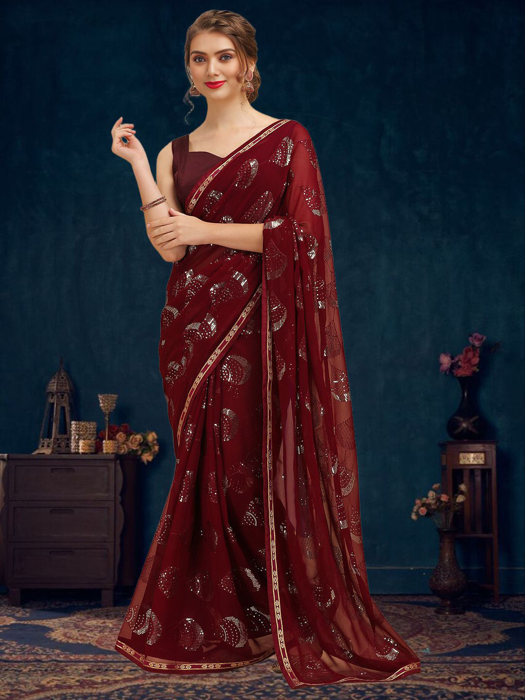House of Pataudi Sequence Embellished Pure Georgette Saree With Unstitched Blouse