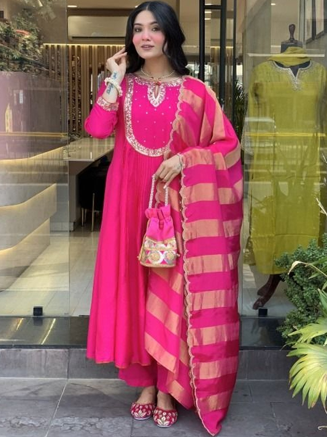 Morang Floral Yoke Dseign Keywhole Neck Thread Work A_Line Kurta With Trousers & Dupatta