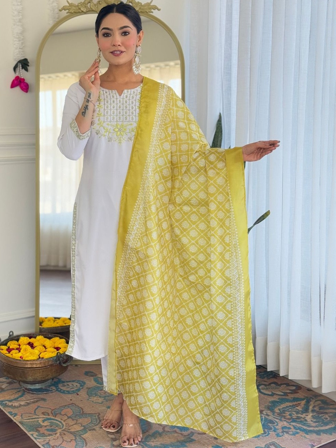 MEHARIKA Embroidered Round Neck Sequinned Straight Kurta With Salwar & Dupatta