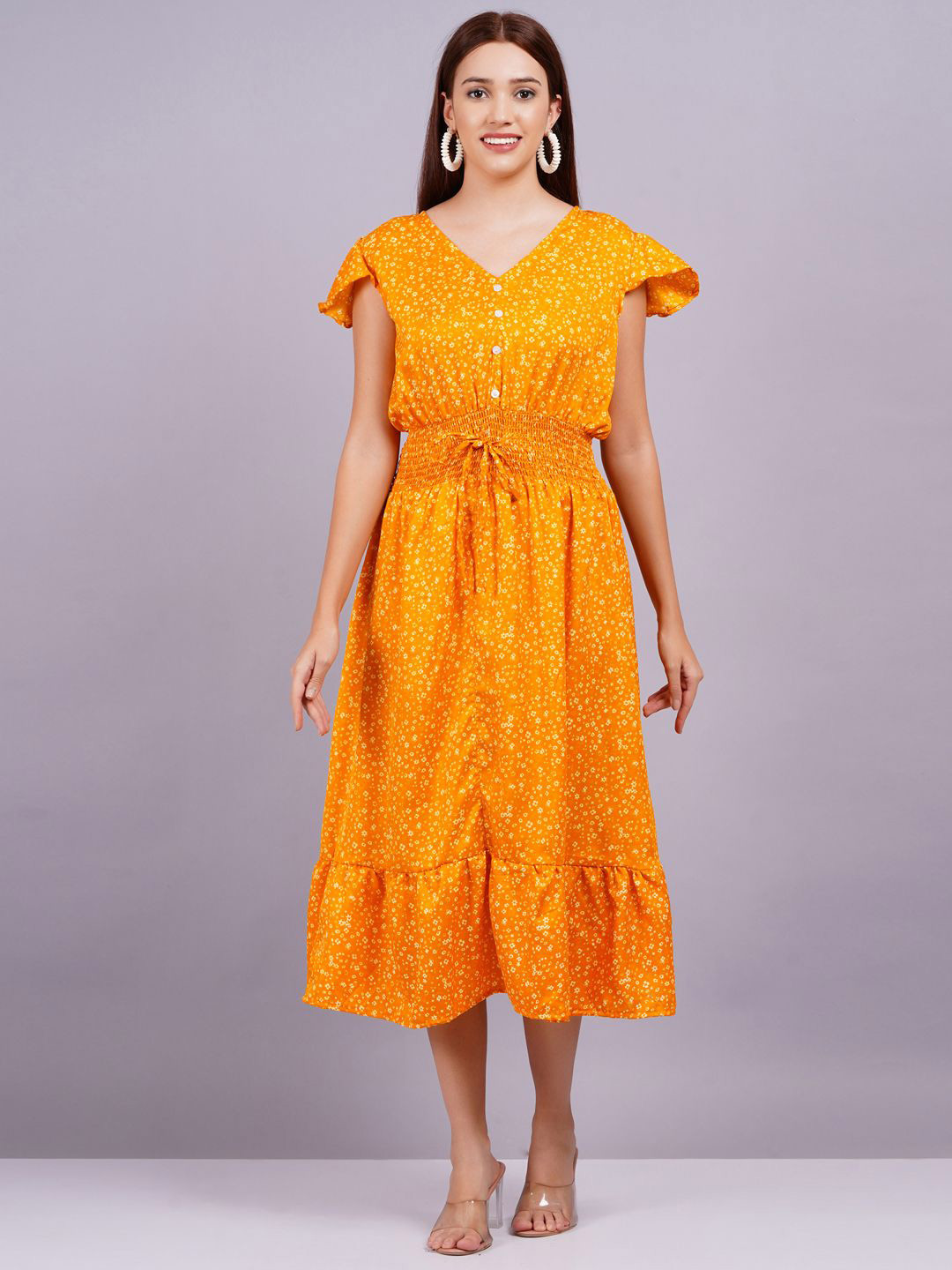 HIGHLIGHT FASHION EXPORT Women Floral Printed Cap Sleeves Smocked Fit & Flare Midi Dress