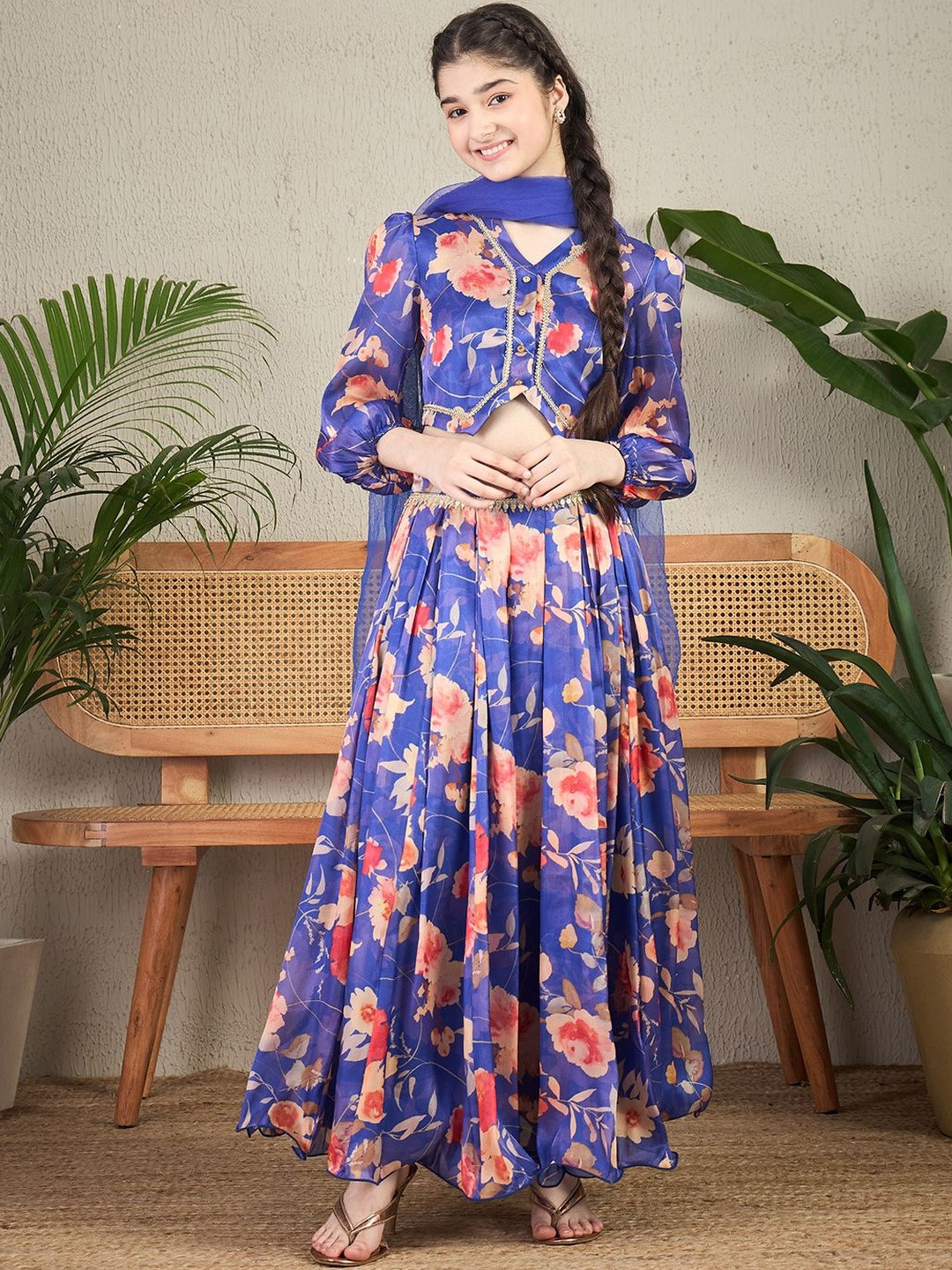 Cherry & Jerry Girls Printed Thread Work Ready to Wear Lehenga Blouse With Dupatta