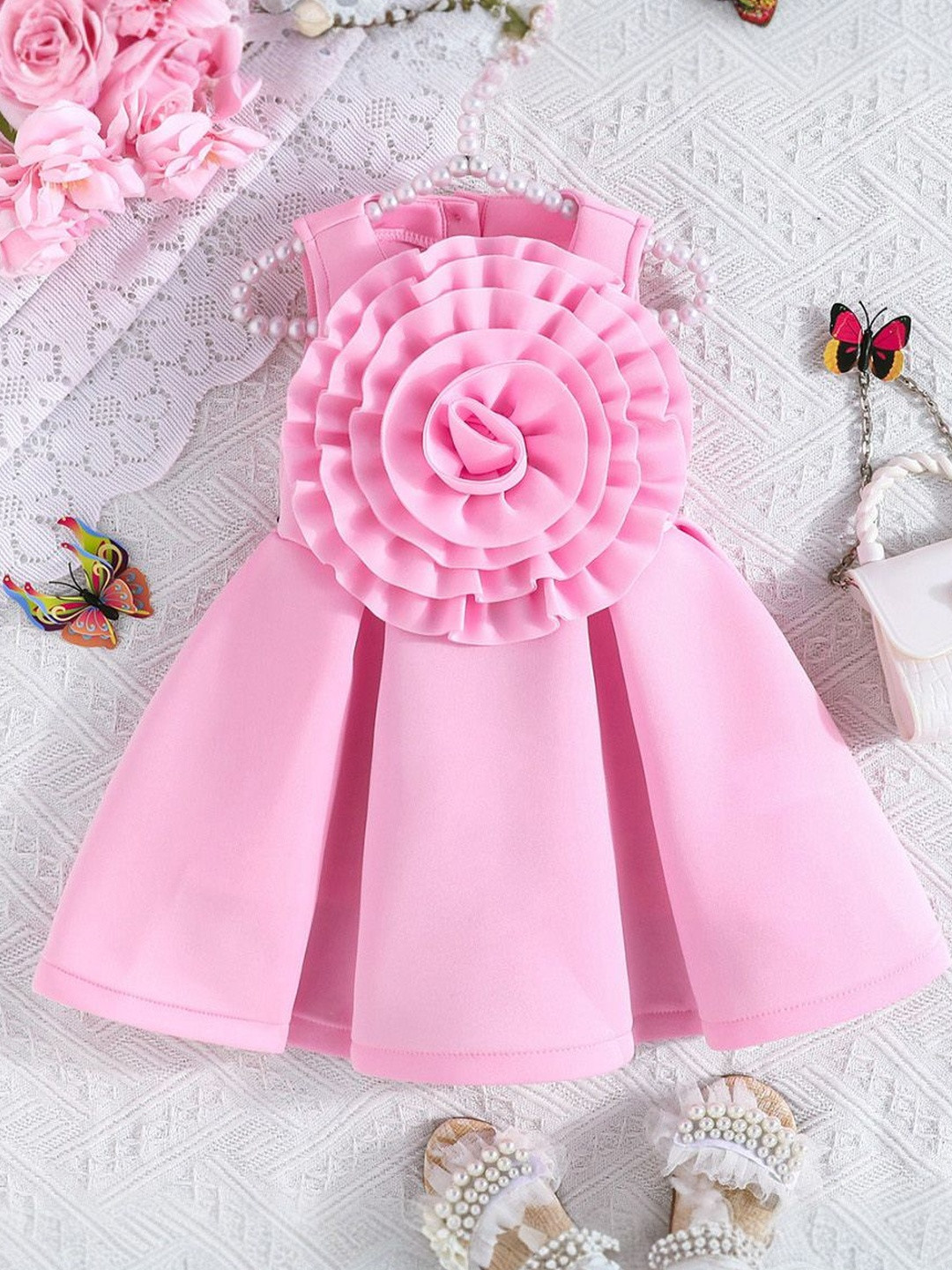 YK Girls Light Pink Pleated Scuba Dress with Statement Flower