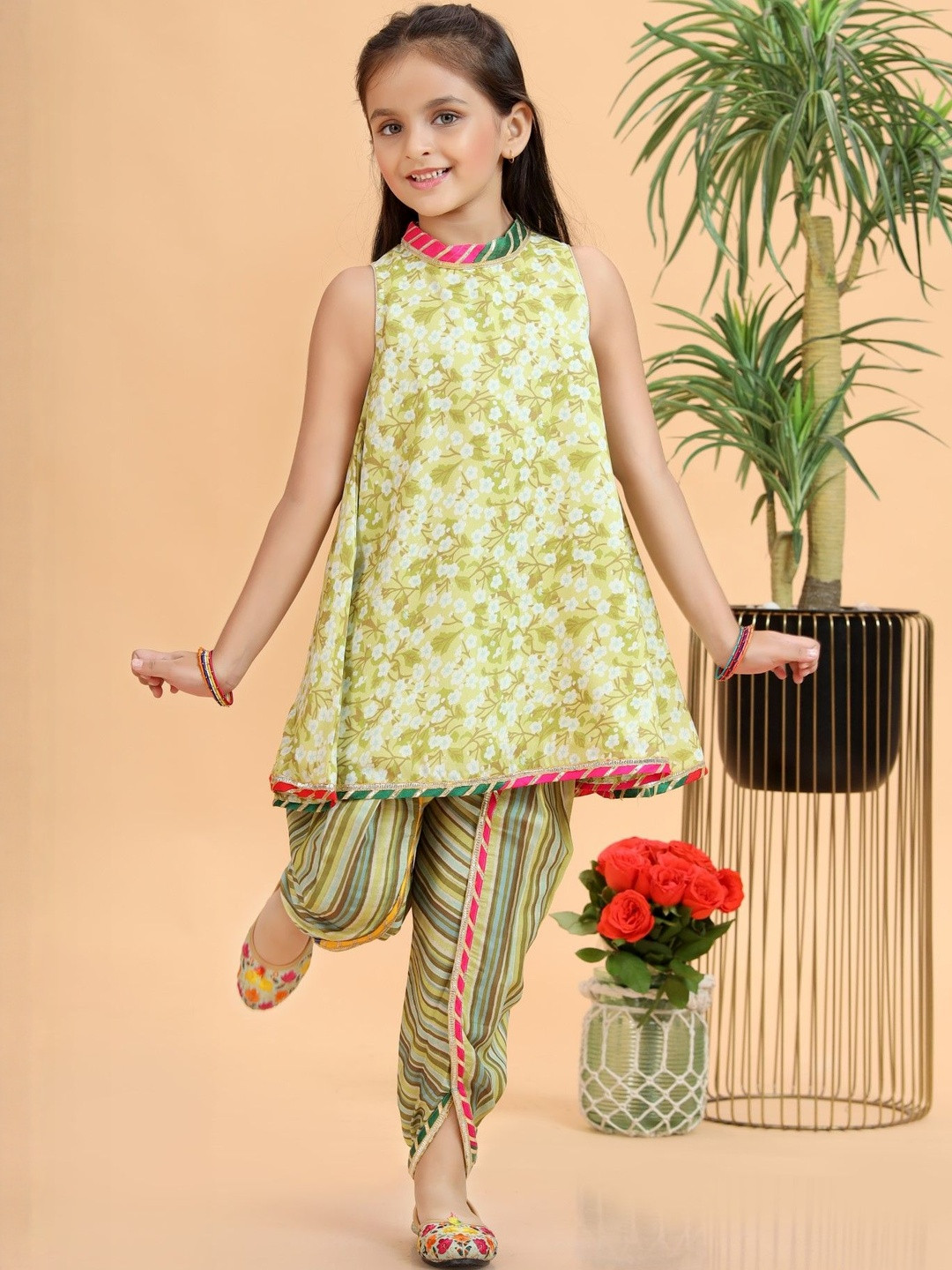 MASTARANG Girls Floral Printed A-Line Kurta with Dhoti Pants