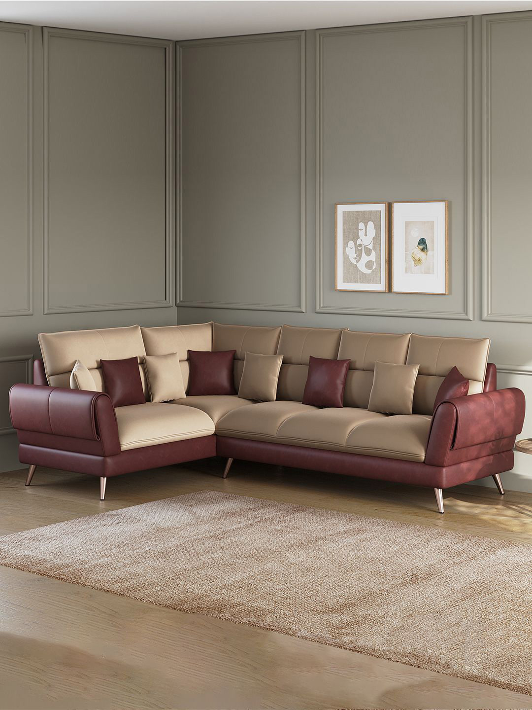 ARRA  Tan & Beige 6 Seater Left Facing Corner Leatherette Sofa
