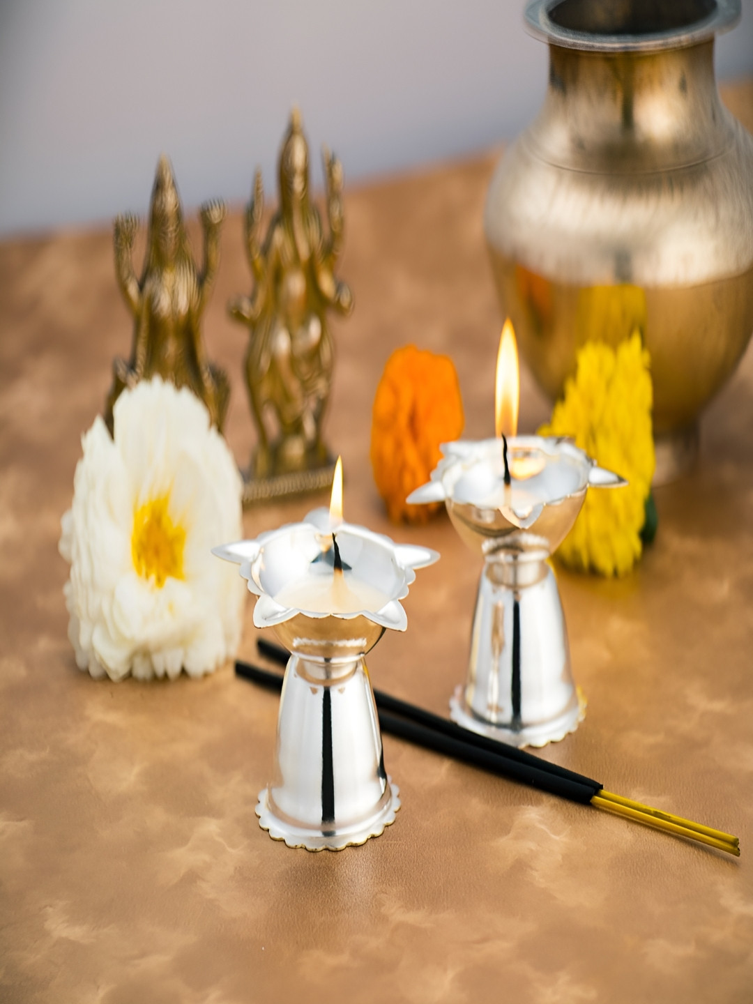 Silverglow Silver-Toned 2 Pcs Pure Silver Textured Divine Diyas